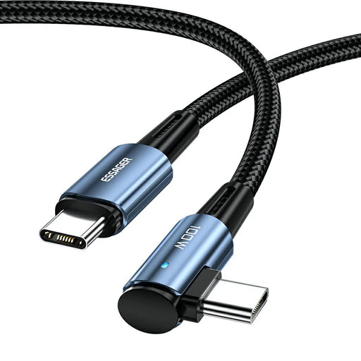 ESSAGER ChenGuang 1m 100W Type-C Male to Type-C Male Elbow Cable 5A Fast Charging Braided Data Cord - Blue - 1