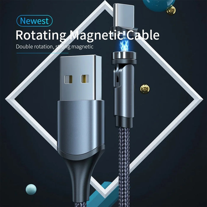 2m Type-C Data Cable 540 Degrees Rotatable Braided Charging Cable + Magnetic Plug - Black - 3