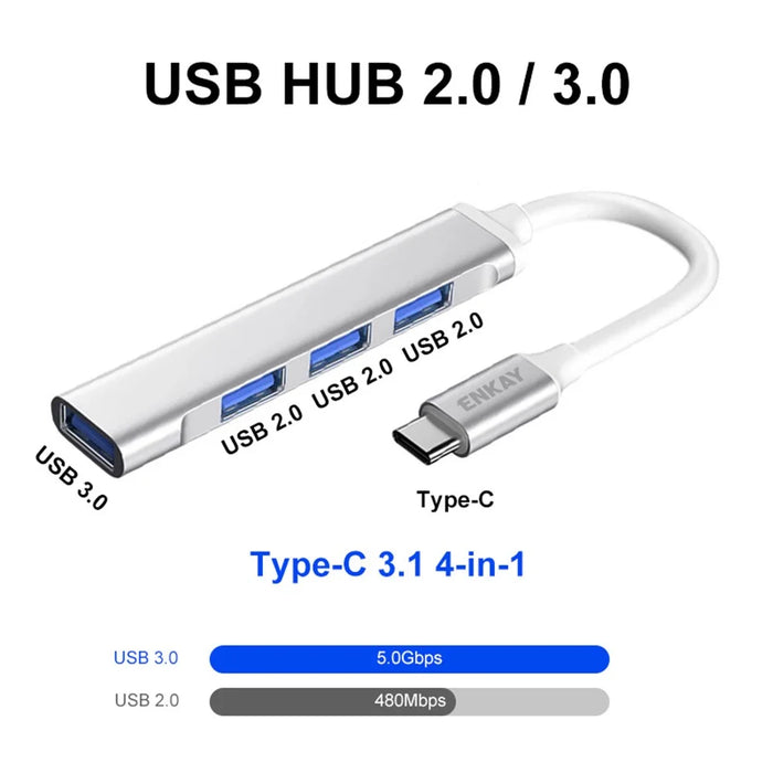 ENKAY HAT PRINCE ENK-AT114 Multi-Port Hub Adapter 4 in 1 USB3.0 Extender Type-C Docking Station with USB3.0 + 3 USB2.0 - 2