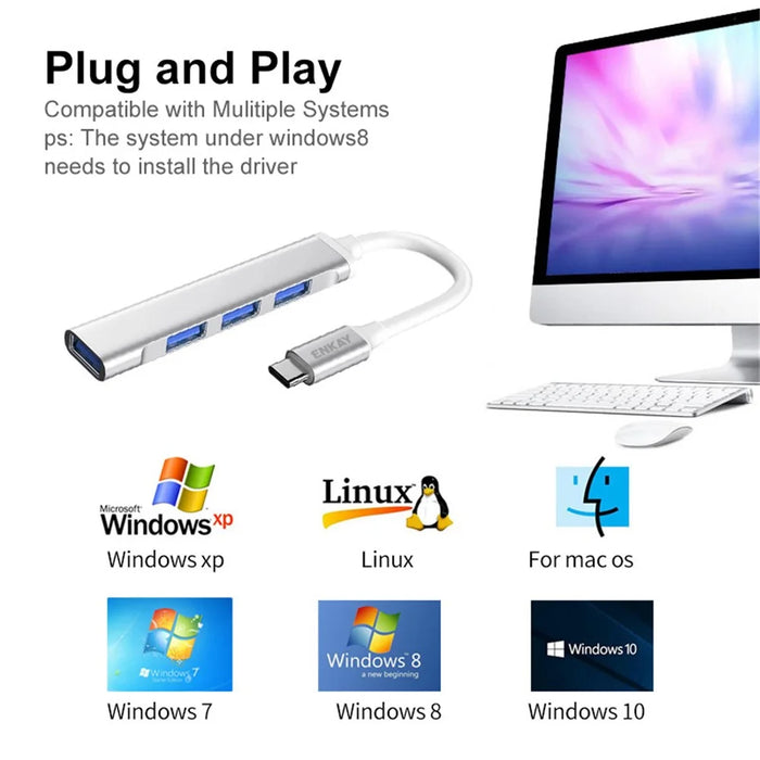 ENKAY HAT PRINCE ENK-AT114 Multi-Port Hub Adapter 4 in 1 USB3.0 Extender Type-C Docking Station with USB3.0 + 3 USB2.0 - 7