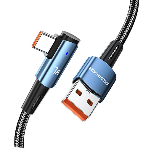 ESSAGER 1m Elbow Design USB to Type-C 7A Fast Charging Cable Braided Cell Phone Charge Line Data Transmission Cord - Blue - 1