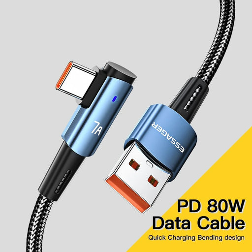 ESSAGER 1m Elbow Design USB to Type-C 7A Fast Charging Cable Braided Cell Phone Charge Line Data Transmission Cord - Blue - 2