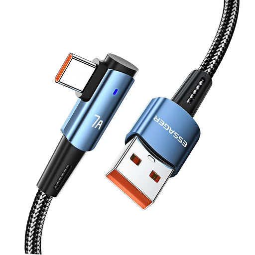 ESSAGER 2m USB to Type-C Cord Support 7A Fast Charging Elbow Design Braided 480Mbps Data Transmission Cable - Blue - 1