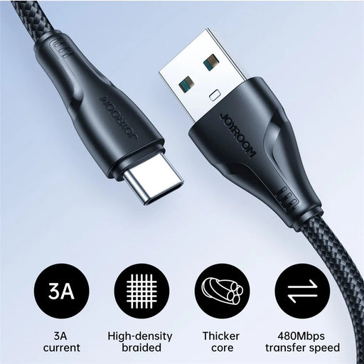 JOYROOM S-UC027A11 Surpass Series for iPhone 16-15 Series 1.2m USB to Type-C 3A Fast Charging Cable Nylon Braided Cord - Black - 2