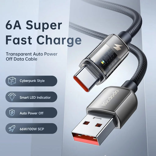 MCDODO CA-3151 MDD for iPhone 15 Series 1.8m USB to Type-C 6A Fast Charge Cable Auto Disconnect Nylon Braided Cord - Black - 2