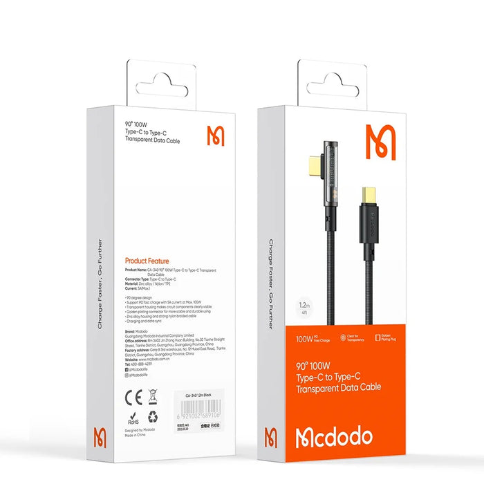MCDODO CA-3400 for iPhone 15 Series 1.2m 90 Degree L-shaped 100W Fast Charging Type-C to Type-C Transparent Data Cable - Black - 7