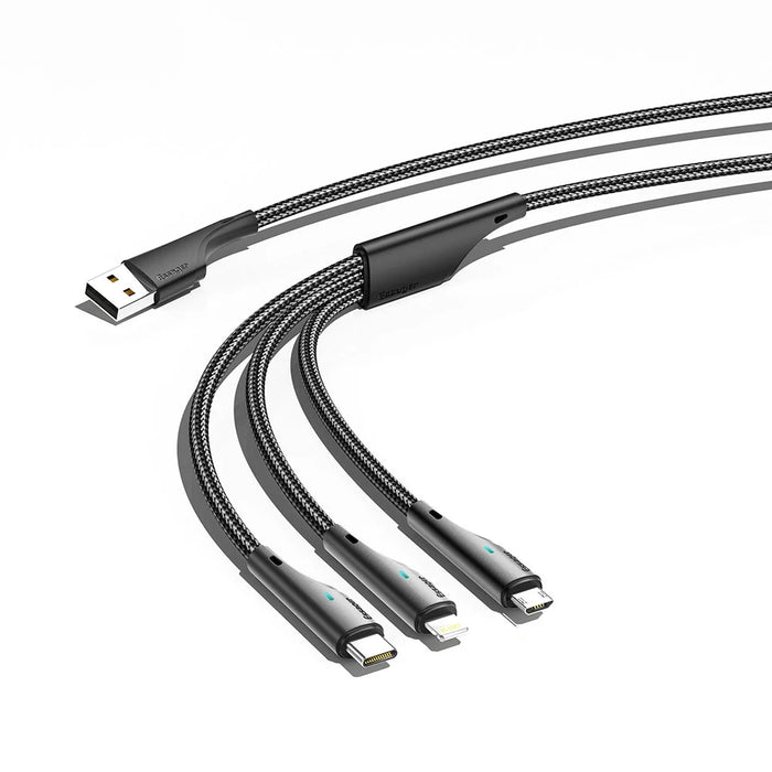 ESSAGER 1.2m 3-in-1 Charging Cable 3A USB to Ip, Micro USB, Type-C, for iPhone, iPad Data Cable - 1