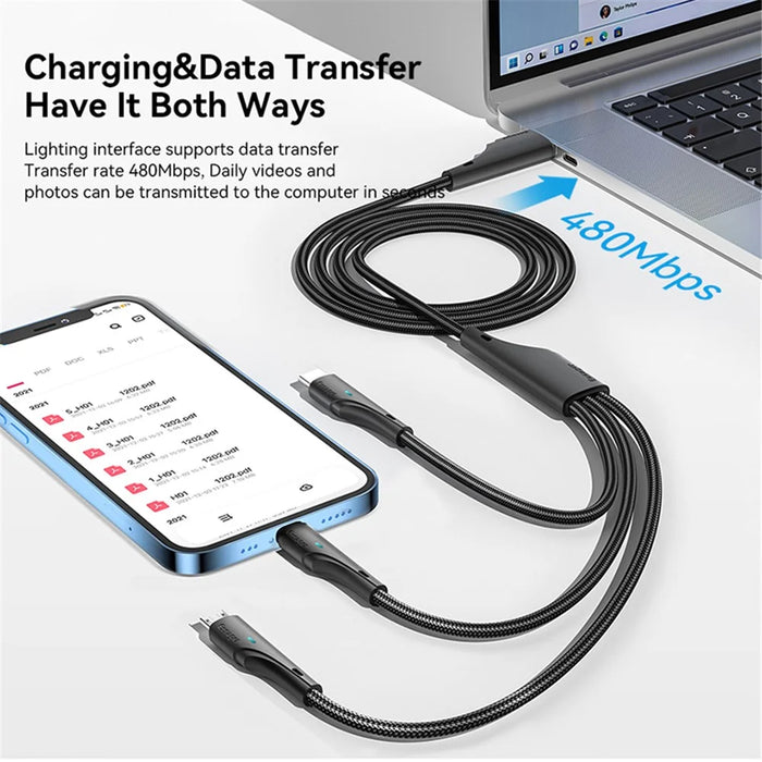 ESSAGER 1.2m 3-in-1 Charging Cable 3A USB to Ip, Micro USB, Type-C, for iPhone, iPad Data Cable - 3