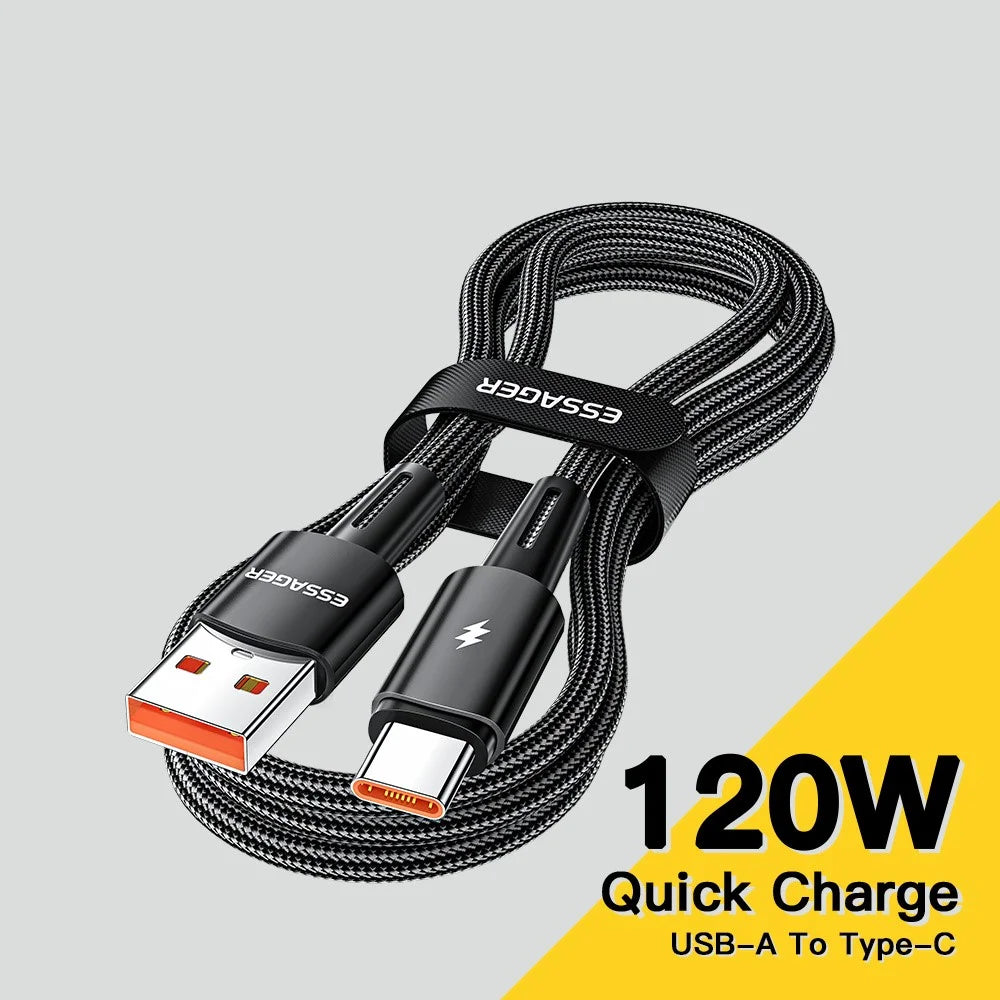 ESSAGER 2m Super Long USB to Type-C 120W Fast Charging Cable 480Mbps Data Transmission Cable - Black - 2