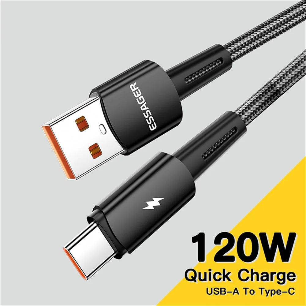 ESSAGER 2m Super Long USB to Type-C 120W Fast Charging Cable 480Mbps Data Transmission Cable - Black - 3