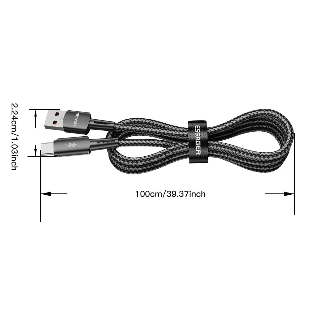 ESSAGER 2m Super Long USB to Type-C 120W Fast Charging Cable 480Mbps Data Transmission Cable - Black - 4