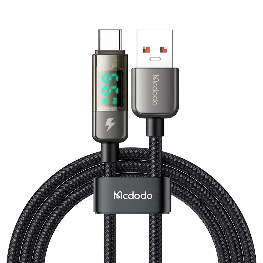 MCDODO CA-3630 for iPhone 15 Series 1.2m 100W High Power Digital Display Auto Power Off USB-A to Type-C Transparent Data Cable - Black - 1
