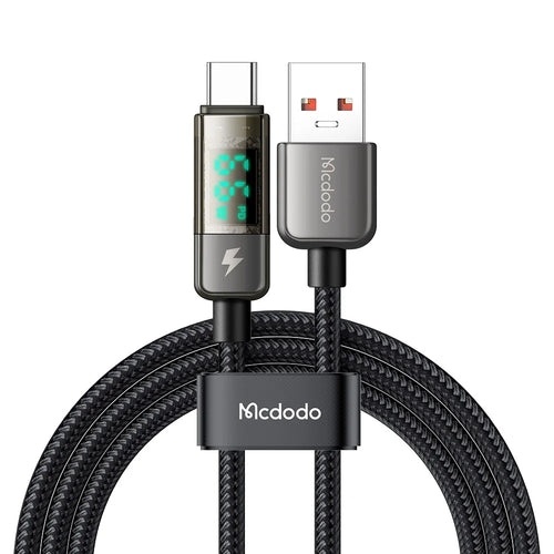 MCDODO CA-3630 for iPhone 15 Series 1.2m 100W High Power Digital Display Auto Power Off USB-A to Type-C Transparent Data Cable - Black - 1
