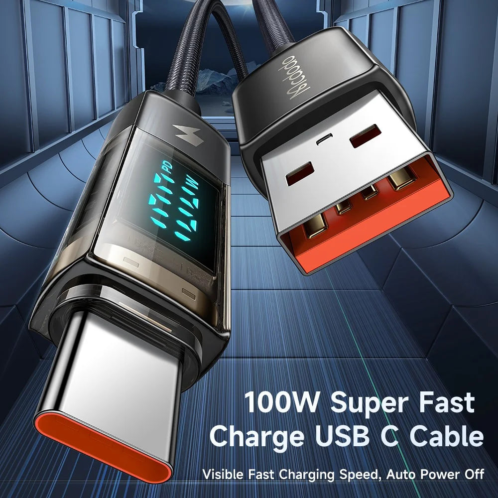 MCDODO CA-3630 for iPhone 15 Series 1.2m 100W High Power Digital Display Auto Power Off USB-A to Type-C Transparent Data Cable - Black - 2