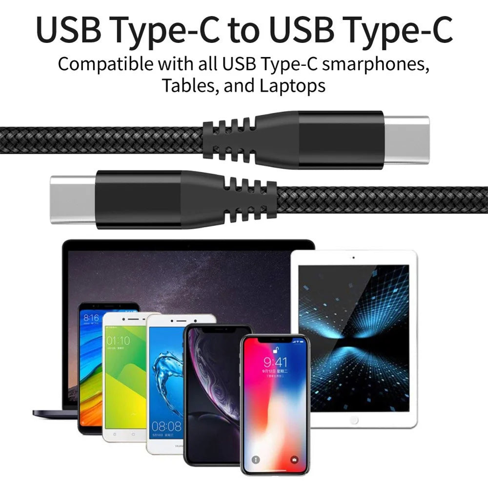 For iPhone 15 Series 3m Type-C to Type-C PD 60W Charging Cable Nylon Braided USB2.0 Data Cable for Cell Phones, Tablets, Laptops - Black - 5