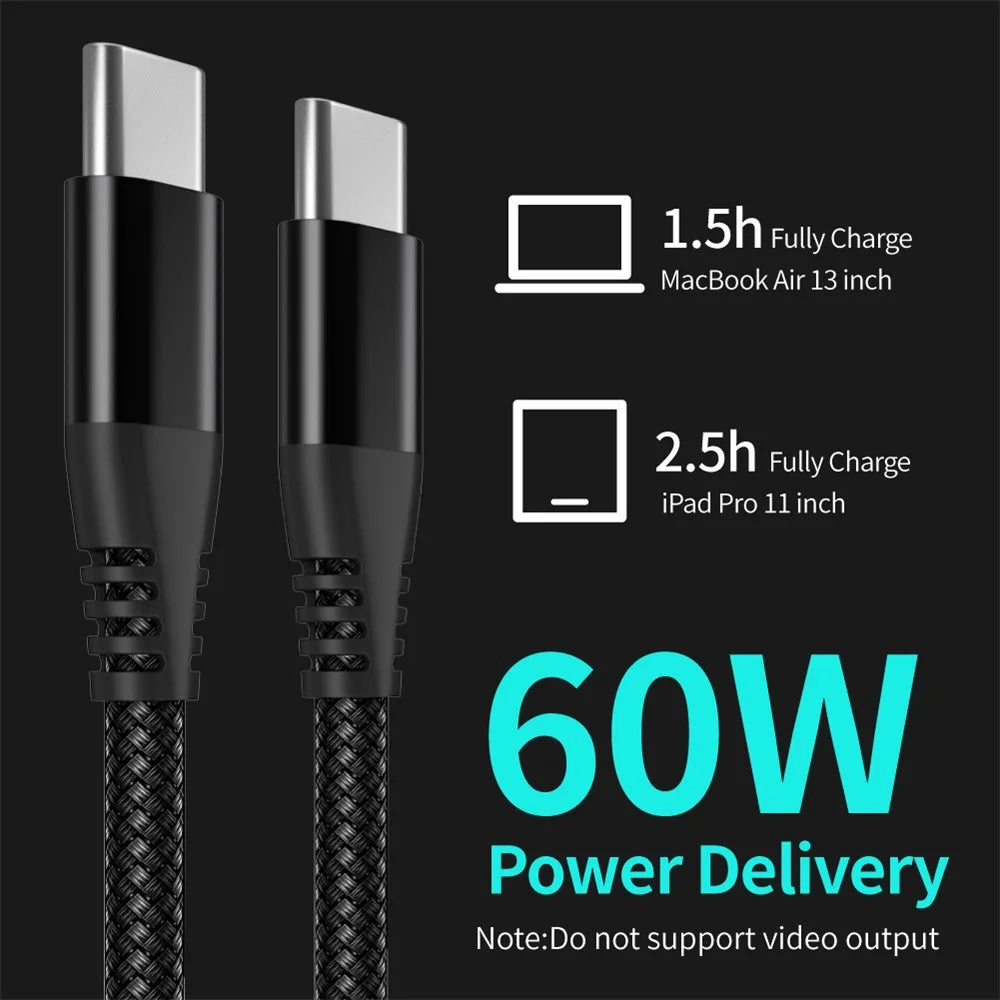 For iPhone 15 Series 3m Type-C to Type-C PD 60W Charging Cable Nylon Braided USB2.0 Data Cable for Cell Phones, Tablets, Laptops - Black - 7
