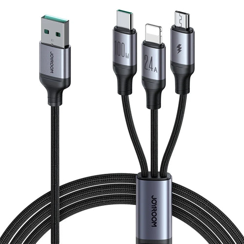 JOYROOM SA21-1T3 Speedy Series for iPhone 15 Series 1.2m 3-in-1 Charging Cable 100W Nylon Braided USB-A to iP+Type-C+Micro Fast Charging Cord - 1