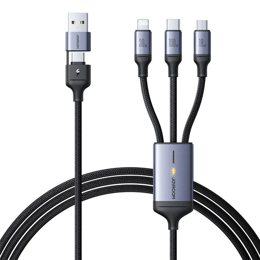 JOYROOM SA21-2T3 Speedy Series for iPhone 15 Series 1.5m Multi Fast Charging Cable 100W USB-A+Type-C to iP+Type-C+Micro Nylon Braided Charging Cord - 1