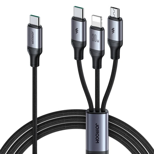 JOYROOM SA21-1T3 Speedy Series for iPhone 15 Series 1.2m 30W Fast Charging Cable Nylon Braided Type-C to iP+Type-C+Micro 3-in-1 Multi Charging Cord - 1