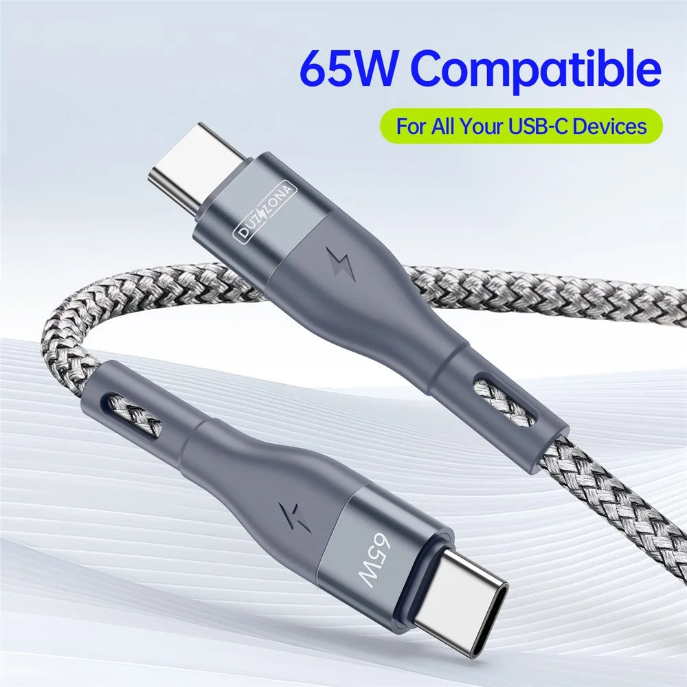 DUZZONA A2 3m PD 65W Fast Charging USB-C to USB-C Cable Nylon Braided Data Cord for iPhone 16-15 Series - Grey - 3
