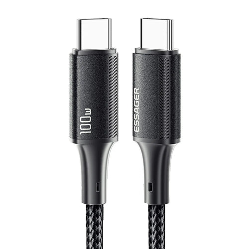 ESSAGER 0.25m Type-C to Type-C PD 100W Nylon Braided Data Cable Phone Tablet Fast Charging Cord - Black - 1