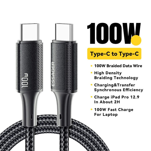 ESSAGER 3m Type-C to Type-C PD 100W Phone Tablet Laptop Fast Charging Cord Nylon Braided Data Cable - Black - 2