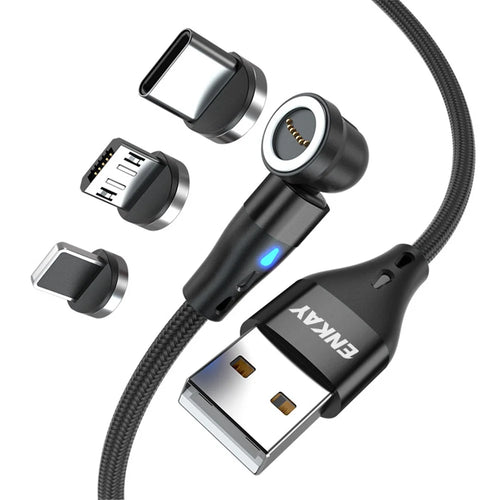 ENKAY HAT PRINCE 1m 3A Fast Charging Cable 3-in-1 Magnetic USB to 8-Pin / Type-C / Micro USB Data Cord with LED Light - Black - 1
