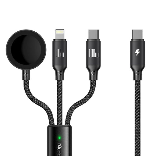 MCDODO CA-4940 Beta Series for iPhone 15 Series 1.2m USB-C to Type-C + iP + Wireless Charger for Apple Watch 3 in 1 Charging Cable, Black - 1