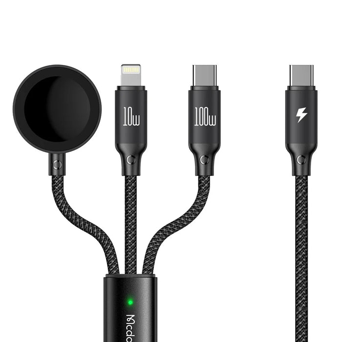 MCDODO CA-4940 Beta Series for iPhone 15 Series 1.2m USB-C to Type-C + iP + Wireless Charger for Apple Watch 3 in 1 Charging Cable, Black - 1