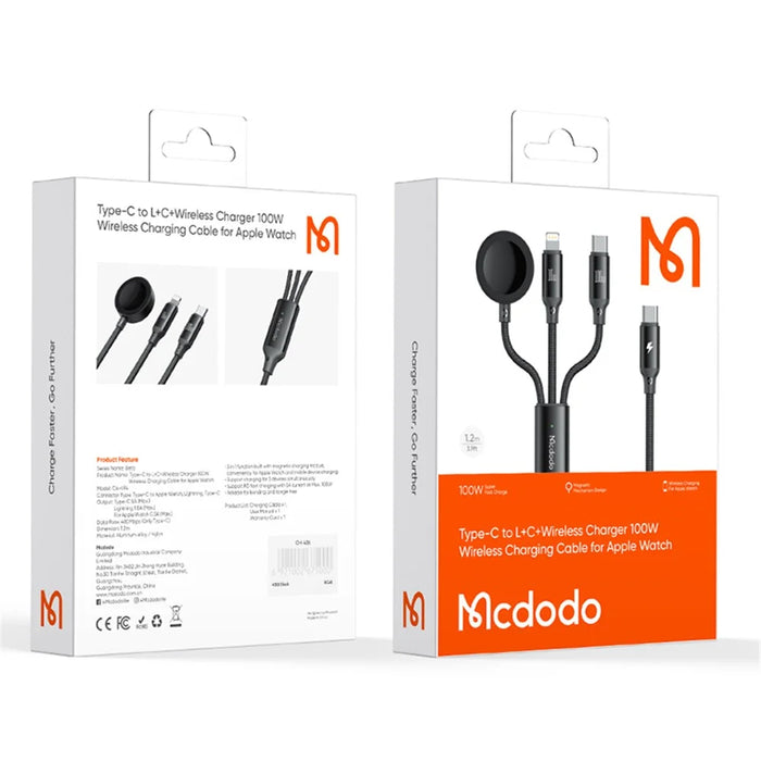 MCDODO CA-4940 Beta Series for iPhone 15 Series 1.2m USB-C to Type-C + iP + Wireless Charger for Apple Watch 3 in 1 Charging Cable, Black - 7