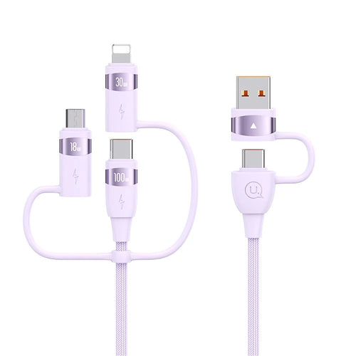 USAMS US-SJ645 U85 USB-A to Type-C to Type-C+8Pin+Micro 6 in 1 PD 100W Fast Charging Cable 1.2m Aluminium Alloy Data Cord - Purple - 1