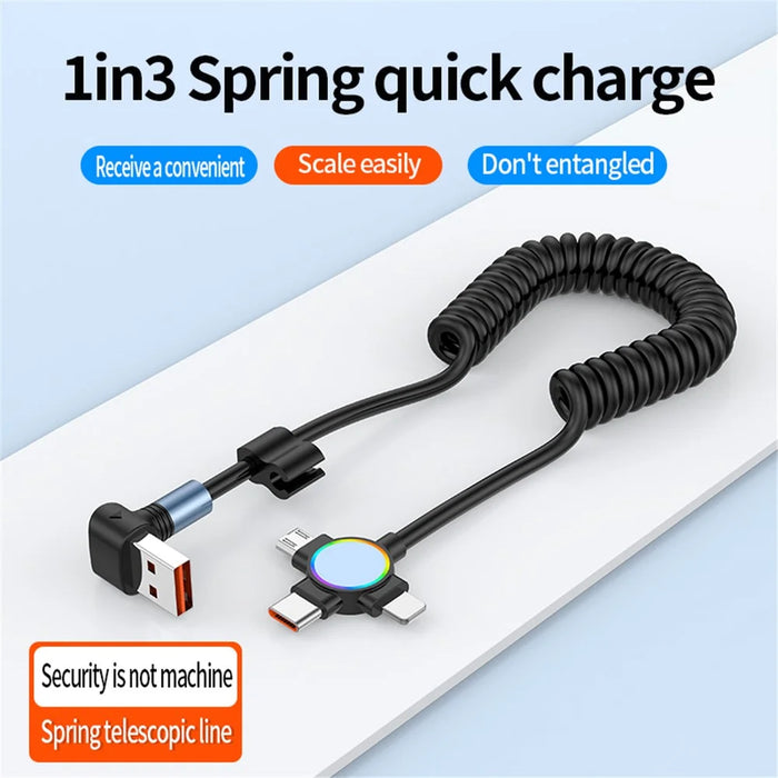 For iPhone 15 Series 1.5m Elbow USB-A to 8 Pin+Micro USB+Type-C 3-in-1 Stretchable Spring Data Cable - Style A - 3