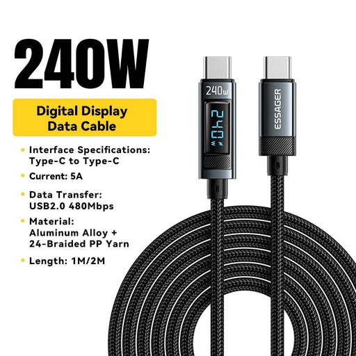 ESSAGER ES-X47 2m Type-C to Type-C Charging Cord 240W Digital Display Quick Charging Data Cable - 2