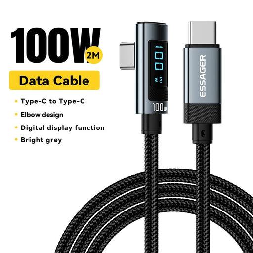 ESSAGER EX-47 2m 100W Type-C Charging Cable Digital Display USB-C to USB-C Elbow Data Cord - 2