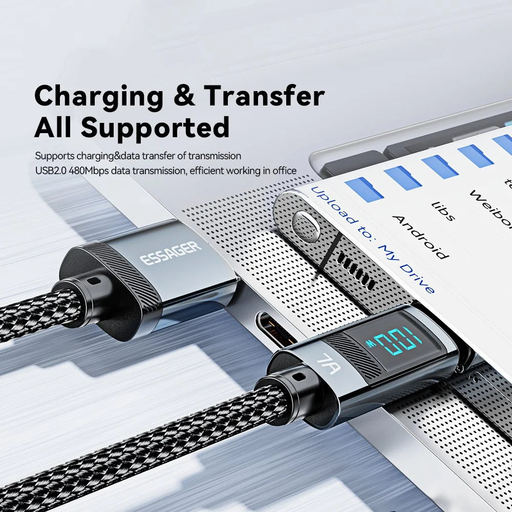 ESSAGER 1m 7A Super Charge Data Cable USB-A to Type-C Charging Cable with Digital Display - 7