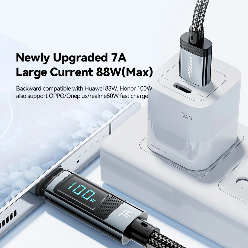 ESSAGER 2m Digital Display 7A Fast Charging Cable USB-A to Type-C 480Mbps Data Cable - 5