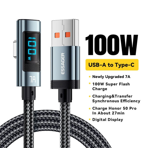 ESSAGER 1m Elbow 7A 100W High Power Charging Data Cable Digital Display USB-A to Type-C Charging Cable - 2