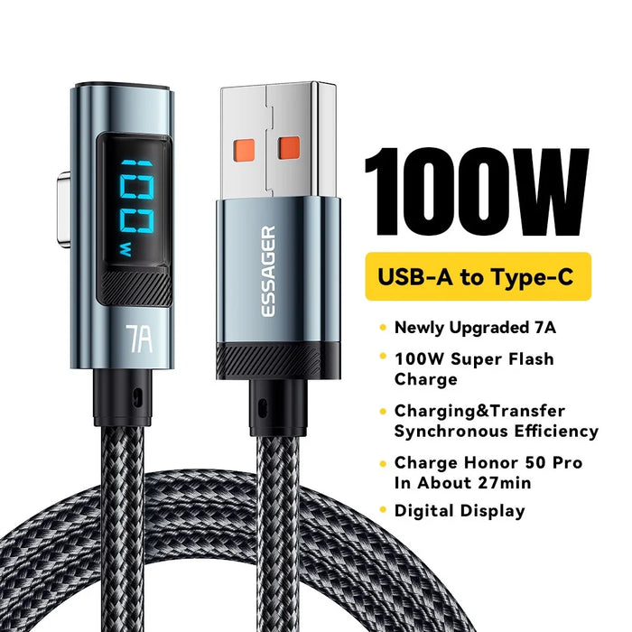 ESSAGER 1m Elbow 7A 100W High Power Charging Data Cable Digital Display USB-A to Type-C Charging Cable - 2
