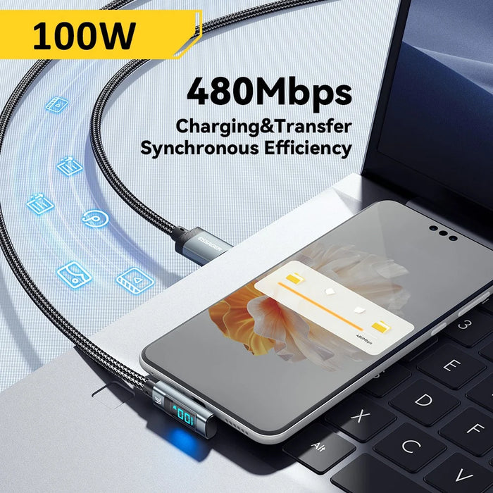 ESSAGER 1m Elbow 7A 100W High Power Charging Data Cable Digital Display USB-A to Type-C Charging Cable - 7