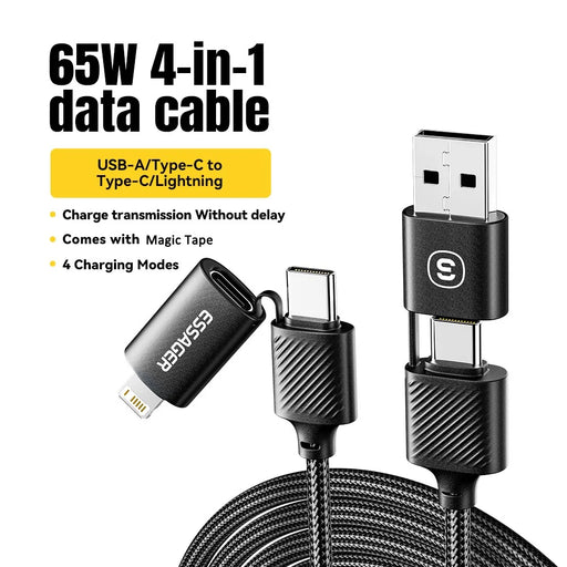 ESSAGER Starlink 0.3m 65W Charging Cable USB-A / Type-C to Type-C / 6 Pin 4-in-1 Data Cord - Black - 2