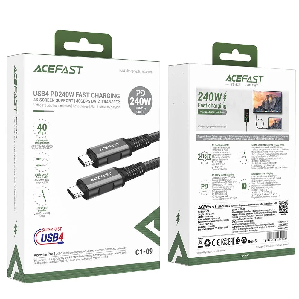 ACEFAST C1-09 1m PD 240W USB C to USB C Cable 40Gbps Data Transfer Cord with Audio / Video Support - 6
