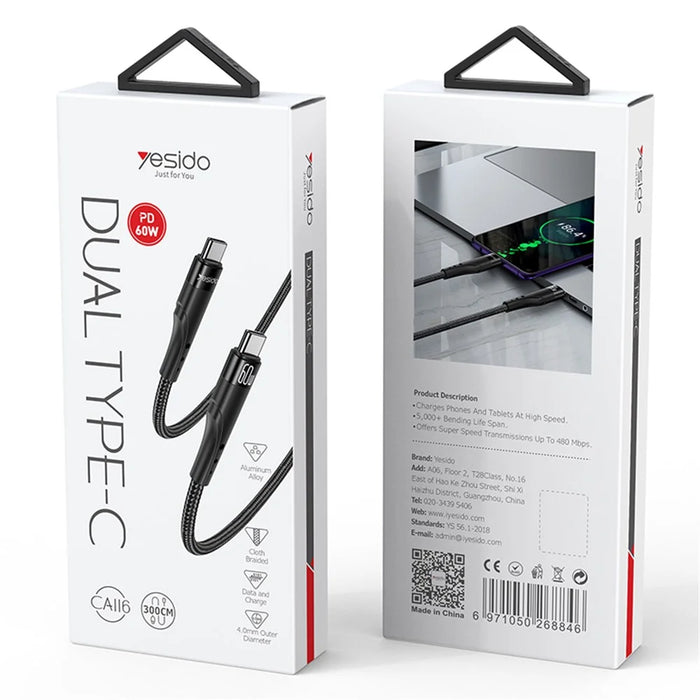 YESIDO CA116 3m Braided Data Cable PD 60W Type-C to Type-C Fast Charging Cable - 7