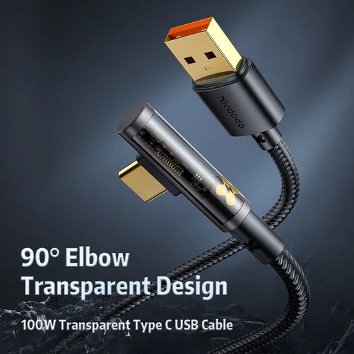 MCDODO CA-3380 MDD 1.2m USB-A to Type-C 90-Degree Elbow Data Cable 6A Fast Charging Transparent Cord - 2