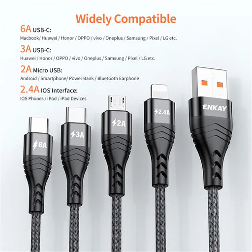 ENKAY 6A Fast Charging Cable 1.2m 4 in 1 USB to iP  /  Type-C / Mcro USB Charging Data Cord - Black - 2