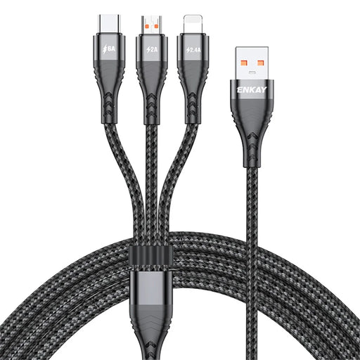 ENKAY 3 in 1 USB to iP  /  Type-C / Mcro USB Fast Charging Cord, Nylon Braided 1.2m 6A Cell Phone Cable - Black - 1