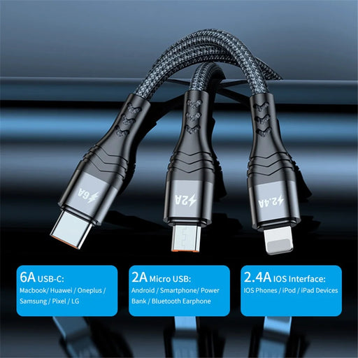 ENKAY 3 in 1 USB to iP  /  Type-C / Mcro USB Fast Charging Cord, Nylon Braided 1.2m 6A Cell Phone Cable - Black - 2