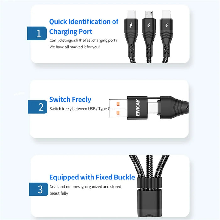 ENKAY Type-C / USB to iP / Type-C / Mcro USB Charging Cable, 2m 5A Fast Charging Data Cable - Black - 2