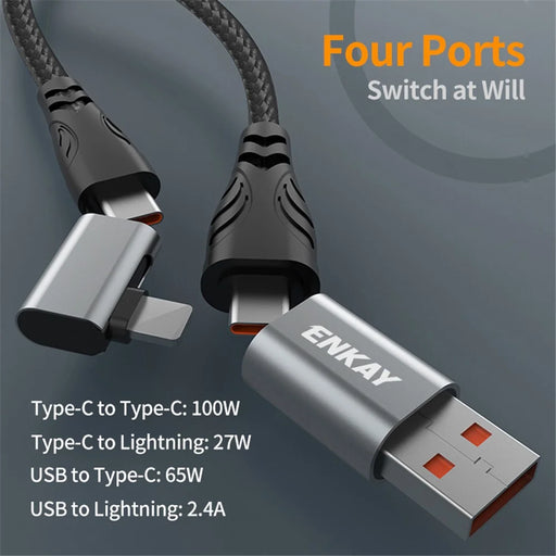ENKAY 2m 4 in 1 USB / Type-C to iP / Type-C Nylon PD 100W Fast Charging Cable with E-Marker Chip - 2
