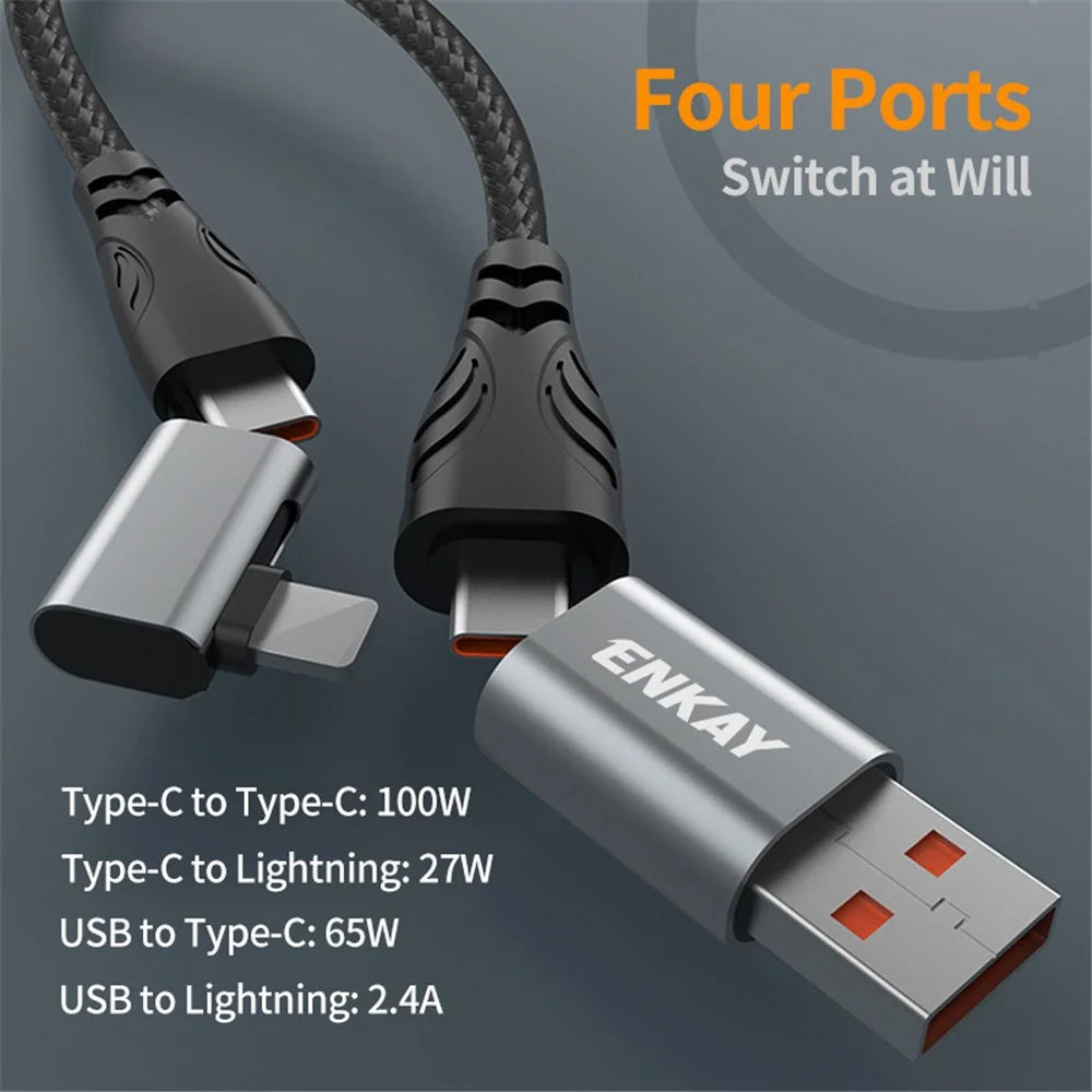 ENKAY 1m 4 in 1 USB / Type-C to iP / Type-C Nylon Charge Cable with E-Marker Chip PD 100W Fast Charging Cable - 2