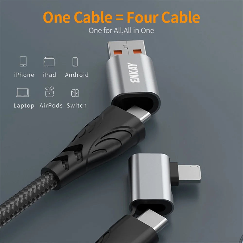 ENKAY 1m 4 in 1 USB / Type-C to iP / Type-C Nylon Charge Cable with E-Marker Chip PD 100W Fast Charging Cable - 3